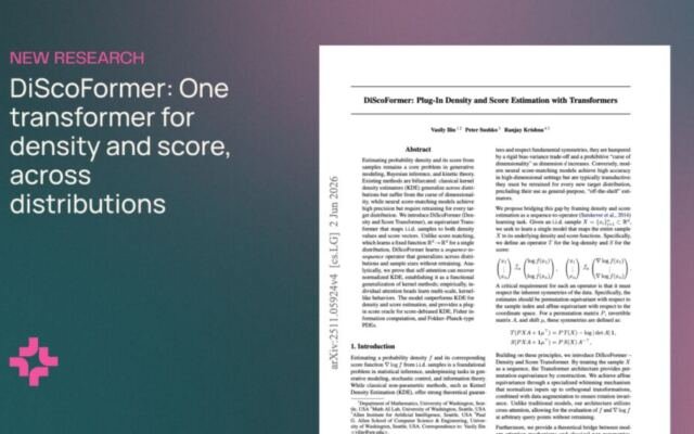 DiScoFormer: One transformer for density and score, across distributions