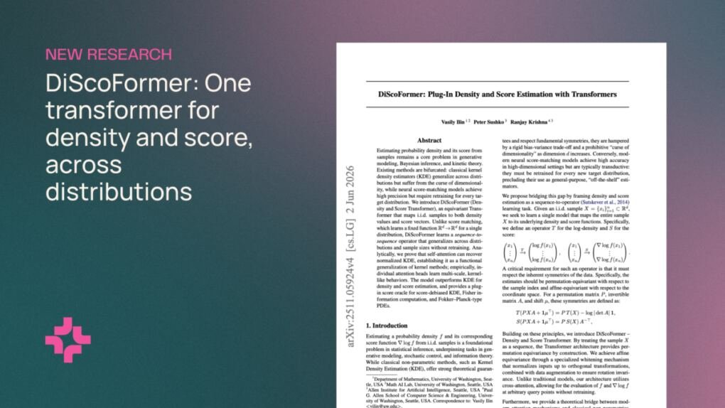 DiScoFormer: One transformer for density and score, across distributions